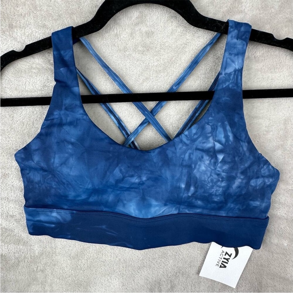 Zyia Sports Bra Womens Navy Hendrix Light N Tight Strappy blue tie dye medium